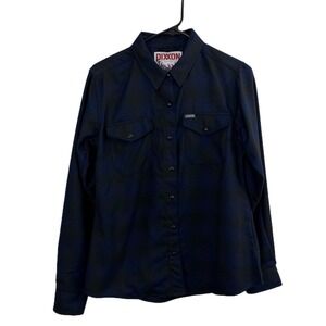 Dixxon Flannel Womens Medium Navy Blue Black Midnight Plaid Snap Front Shirt